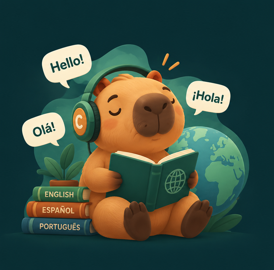 Capivara Capi estudando idiomas com livros e um mapa-múndi